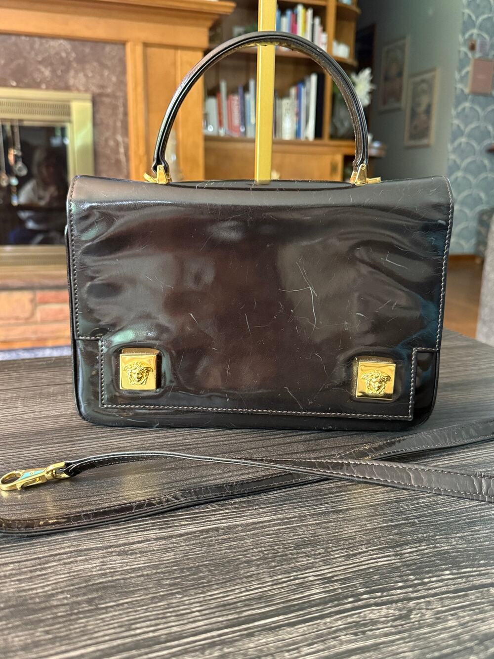 VTG Gianni Versace Black Patent Top Handle Flap Bag Medusa Gold Accent 1990